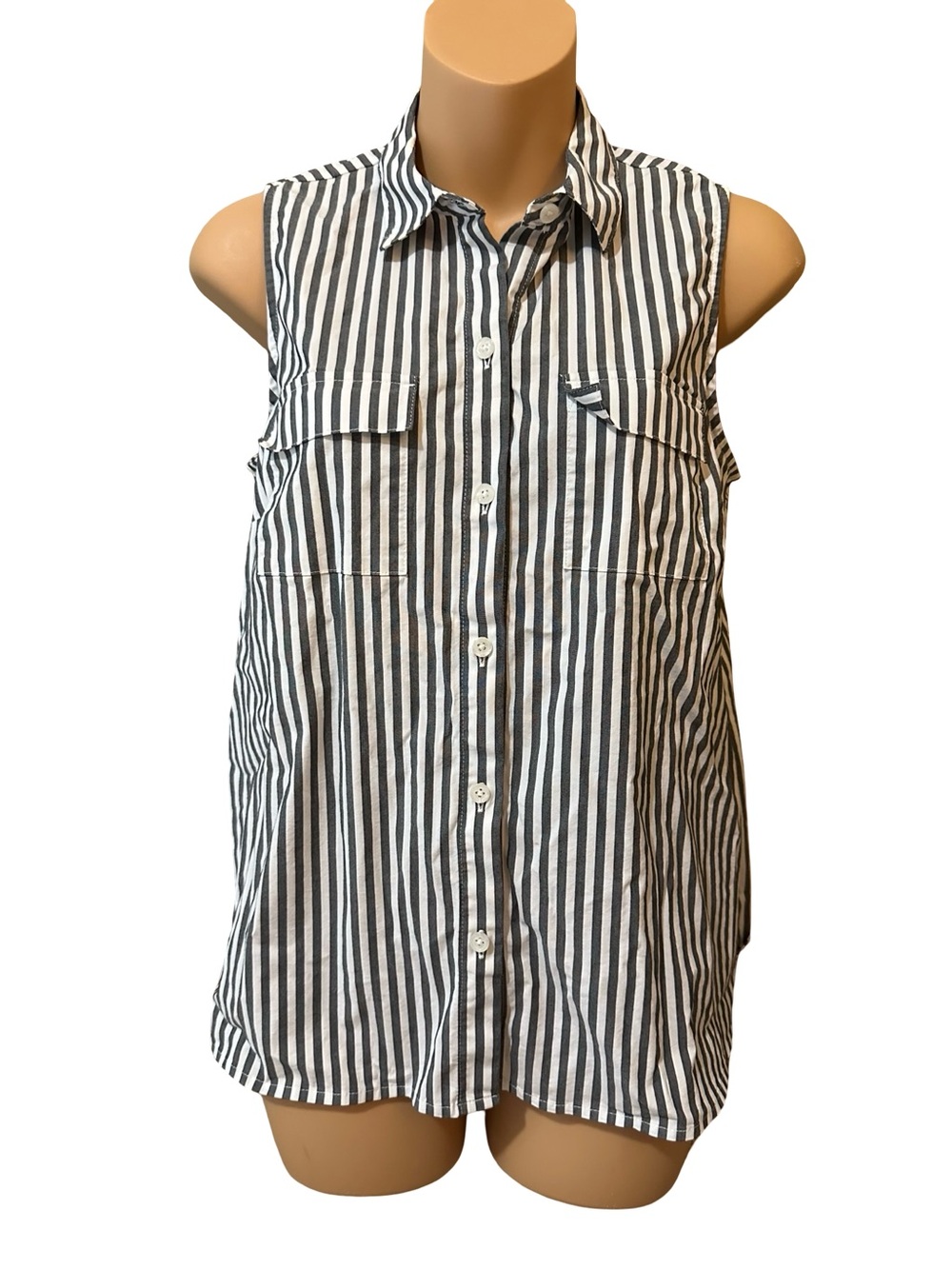 J. Jill Gray and White Striped Sleeveless Collared Shirt Blouse Business Small
